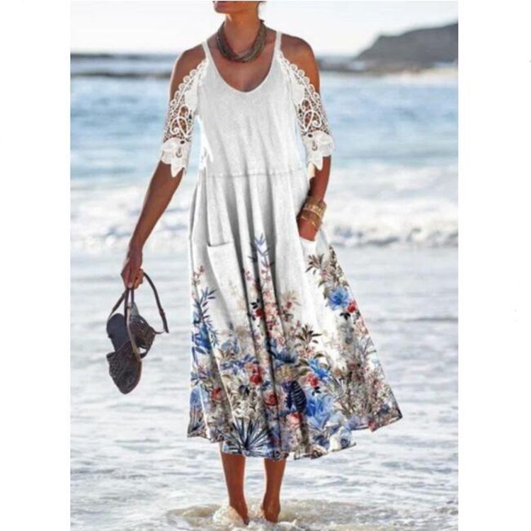 Women's Maxi Dress – Flowing Fit – Lace Cold Shoulder – Floral Detail – Breathable Blend