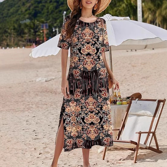 Women’s Maxi Dress – Relaxed Fit – Floral Print – Side Slits – Breathable Blend