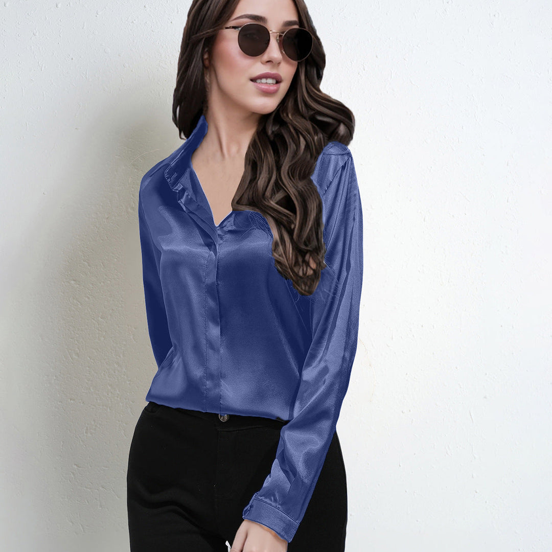 Women’s Blouse – Satin Fabric – Relaxed Fit – V-Neck – Long Sleeve – Button-Down