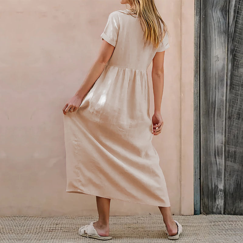 Women’s Midi Dress – V-Neck – Short Sleeve – Button Front – Loose Fit – Lightweight Fabric