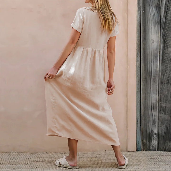 Women’s Midi Dress – V-Neck – Short Sleeve – Button Front – Loose Fit – Lightweight Fabric