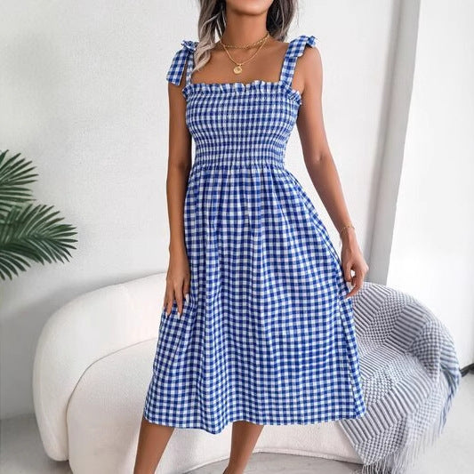 Women’s Midi Dress – Gingham Pattern – Smocked Bodice – Tie Strap – A-Line Fit