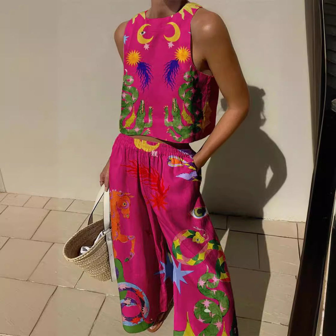 Women’s Two-Piece Set – Sleeveless Crop Top & Wide-Leg Pants – Relaxed Fit – Lightweight
