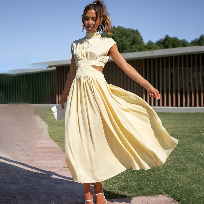 Women’s Midi Dress – Elegant Fit – Pleated Bodice – Waist Cut-Out – Soft Luxury Fabric