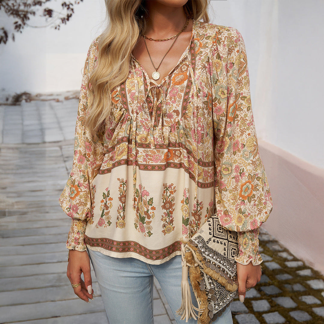 Women’s Blouse – Relaxed Fit – Tie Neck – Long Sleeve – Boho Style – Breathable Fabric
