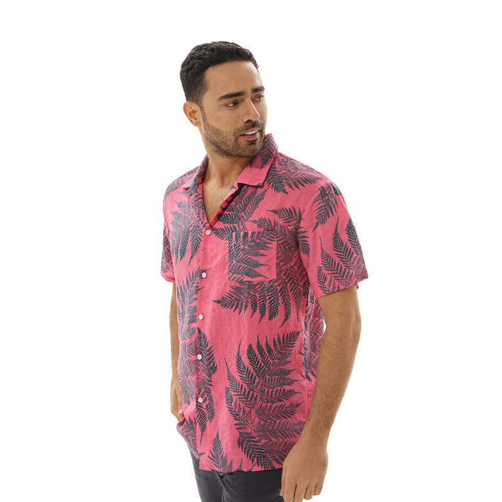 Men’s Short Sleeve Shirt - Relaxed Fit - Leaf Print - Cuban Collar - Lightweight Casual Wear