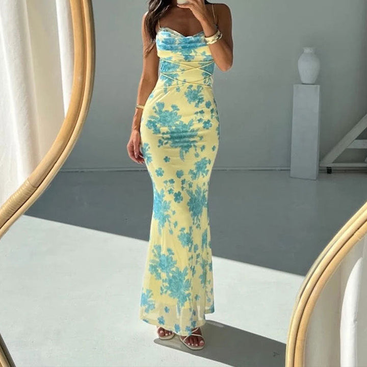 Women's Maxi Dress - Bodycon Fit - Spaghetti Straps - Ruched Bust - Floral Pattern