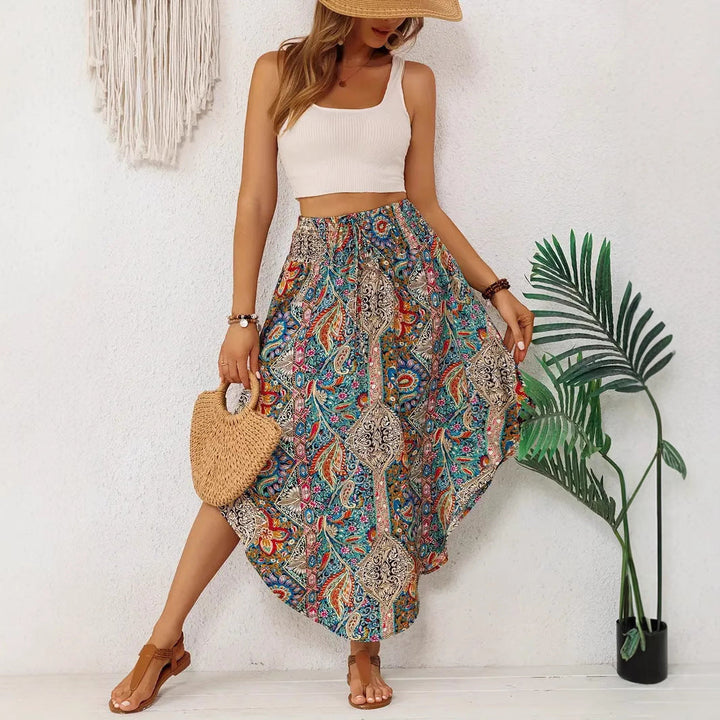 Women’s Long Skirt – Flowing A-Line – Breathable Blend – Adjustable Drawstring Waist