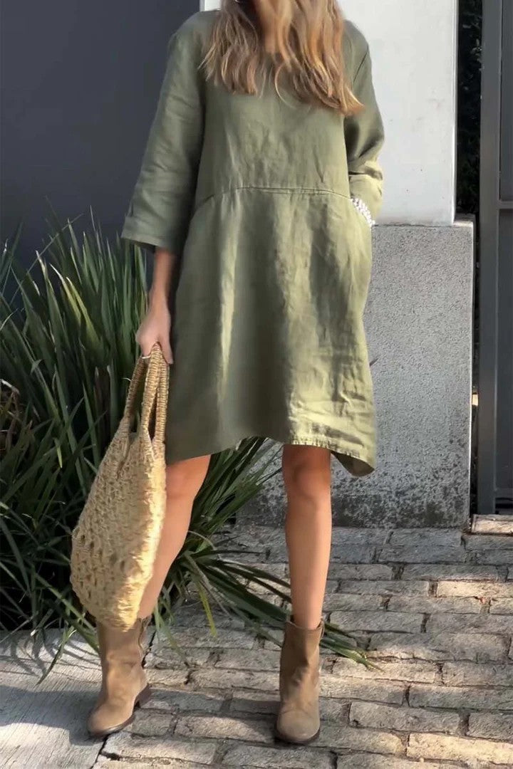Women’s Dress – Loose Fit – Cotton Linen – Knee Length – 3/4 Sleeve – With Pockets
