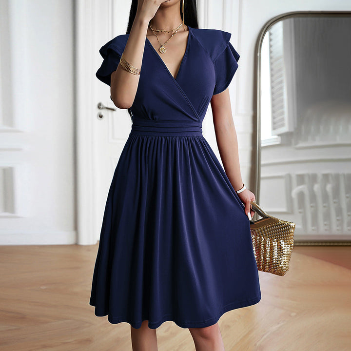 Women's V-Neck Wrap Dress - Short Flutter Sleeve - Fitted Waist - Knee-Length Elegant Wear
