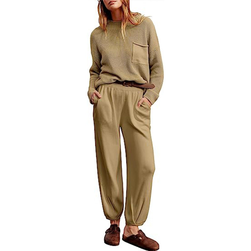 Women’s Two-Piece Loungewear Set – Knitted Long Sleeve Top – Elastic Waist Jogger Pants