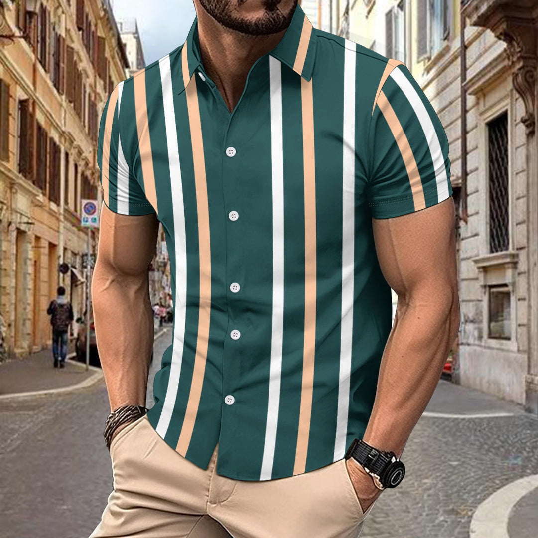 Men’s Short Sleeve Shirt - Slim Fit - Cotton - Vertical Stripe - Casual