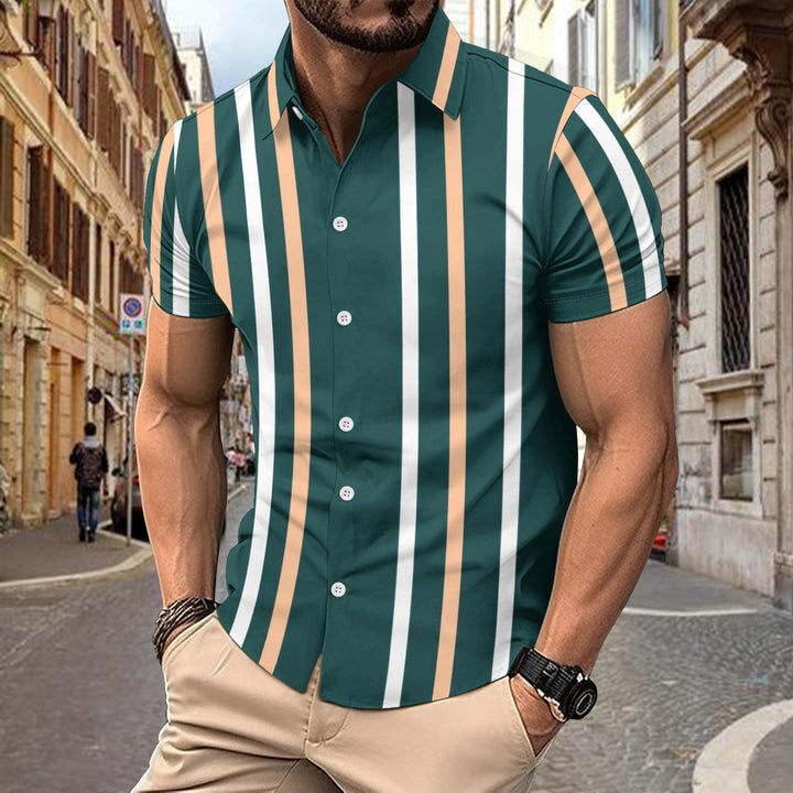 Men’s Short Sleeve Shirt - Slim Fit - Cotton - Vertical Stripe - Casual