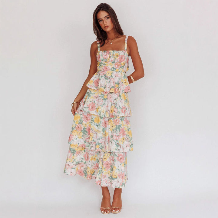 Women’s Maxi Dress - Tiered Ruffle Skirt - Square Neckline - Fitted Waist - Floral Print