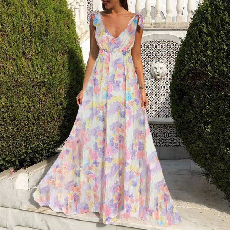 Women’s Maxi Dress – V-Neck – Sleeveless – Fitted Bodice – Flowy Floral Design