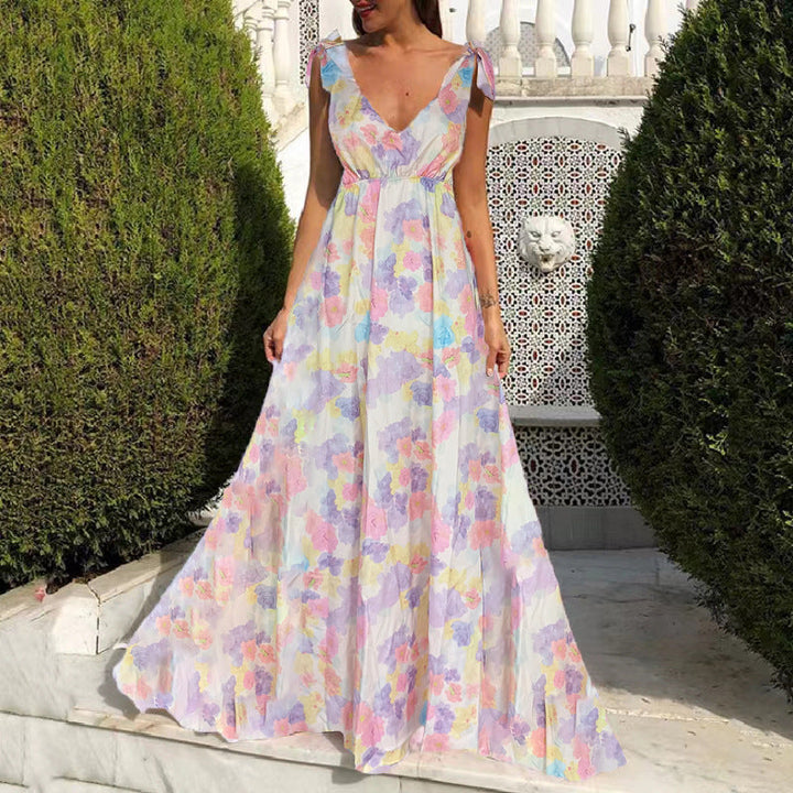 Women’s Maxi Dress – V-Neck – Sleeveless – Fitted Bodice – Flowy Floral Design