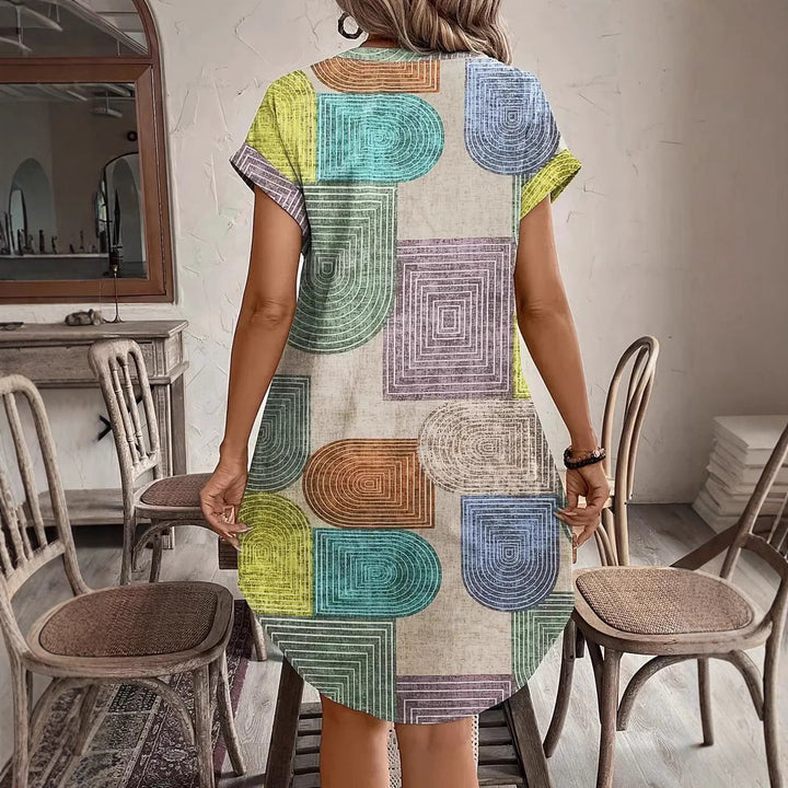 Women’s V-Neck Dress – Relaxed Fit – Button Front – Short Sleeve – Geometric Print
