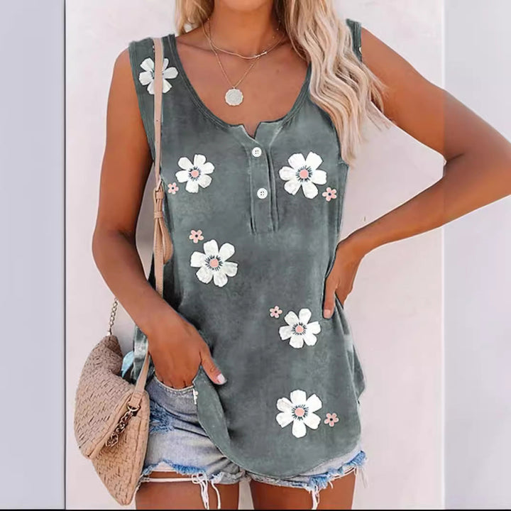 Women’s Sleeveless Top – Relaxed Fit – Round Neck – Floral Print – Button Detail