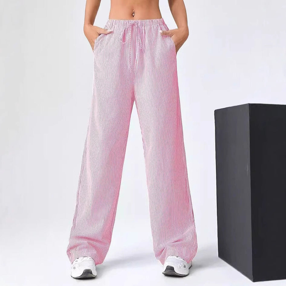 Women’s Straight-Leg Pants – Relaxed Fit – Breathable Fabric – Drawstring Waist – Striped