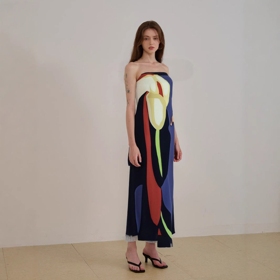 Women’s Strapless Midi Dress – Flowing Silhouette – Lightweight Abstract Pattern