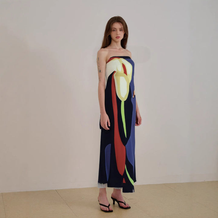Women’s Strapless Midi Dress – Flowing Silhouette – Lightweight Abstract Pattern