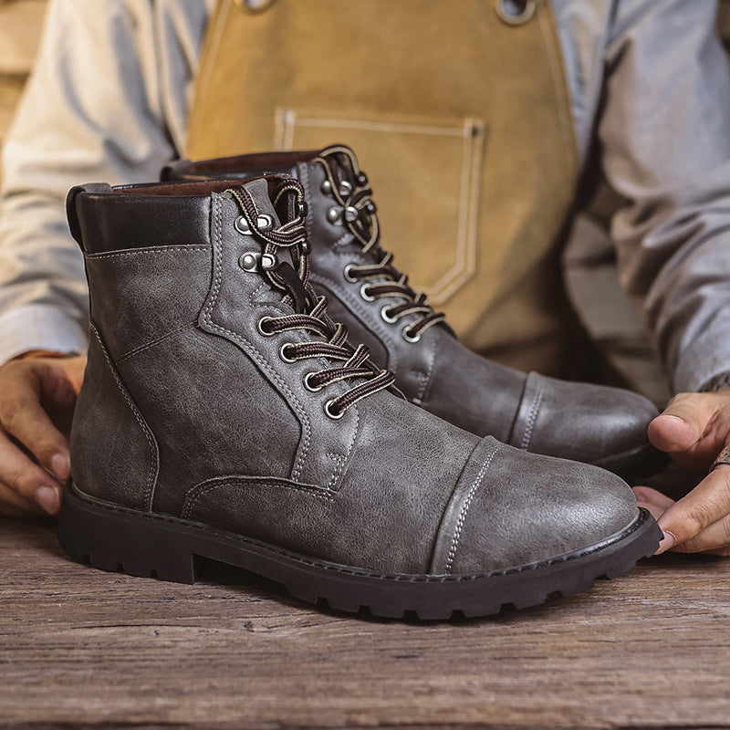 Men’s Ankle Boots - Leather Look - Lace-Up - Cushioned Support - Treaded Durable Sole