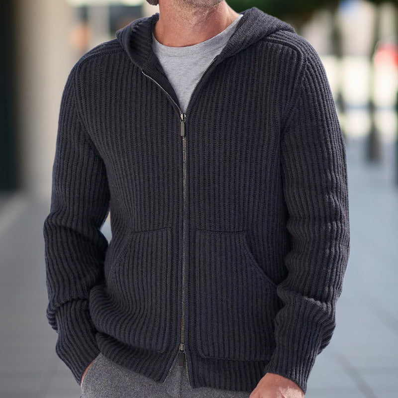 Men’s Knit Cardigan - Relaxed Fit - Hooded - Ribbed Texture - Long Sleeve Casual Layer