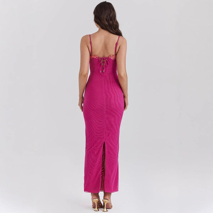 Women’s Midi Slip Dress – Figure-Hugging Fit – Sweetheart Neckline – Lace & Mesh Detail