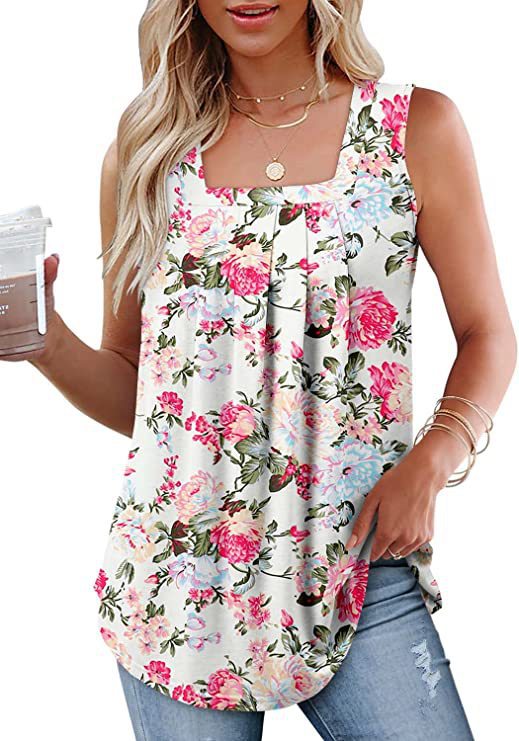 Women’s Sleeveless Vest T-Shirt – Square Neck – Floral Print – Relaxed Fit – Breathable Blend