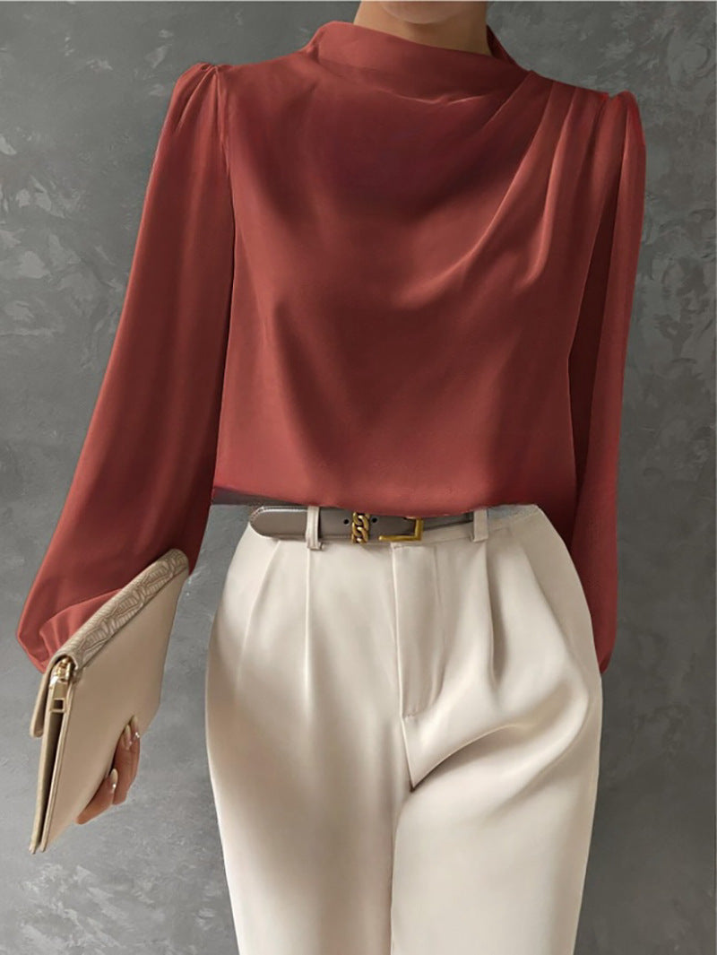 Women’s Blouse – Relaxed Fit – High Neck – Long Sleeve – Draped Details