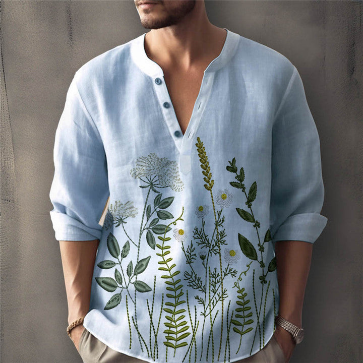 Men’s Shirt – Relaxed Fit – Cotton – Henley Neck – Floral Embroidered – Rolled Sleeve