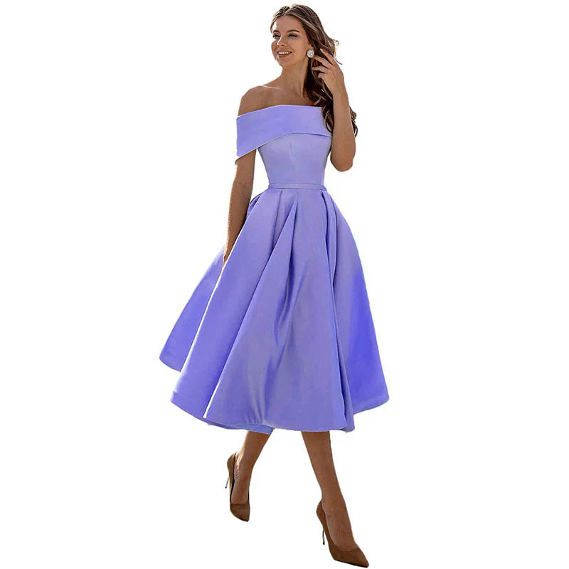 Women's Off-the-Shoulder Midi Dress - Fitted Bodice - Pleated Flared Skirt - Elegant Formal Wear