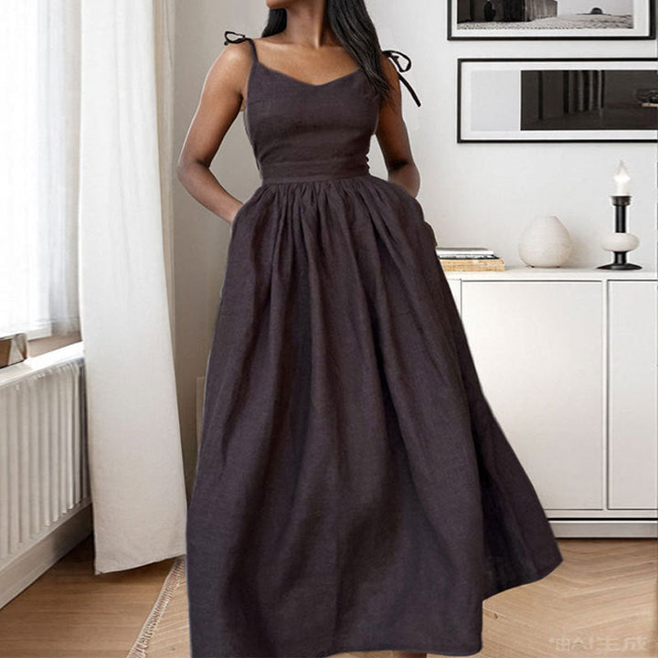Women’s One-Shoulder Dress – Asymmetrical Neckline – Tie Strap – High Slit – Flowy Fit