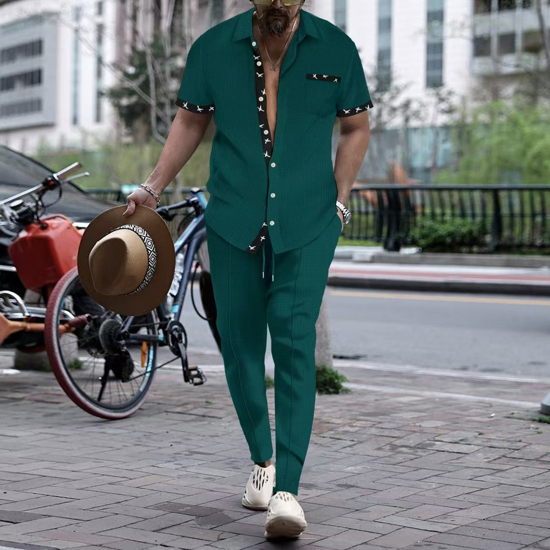 Men’s Two-Piece Set – Cotton – Relaxed Fit – Short Sleeve Shirt & Straight-Leg Pants