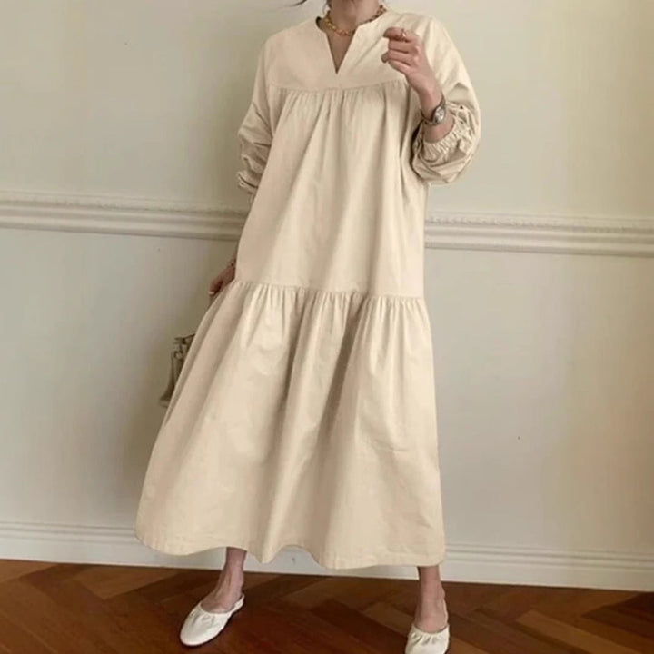 Women’s Maxi Dress - Loose Fit - V-Neck - Long Sleeve - Tiered Skirt Boho Style