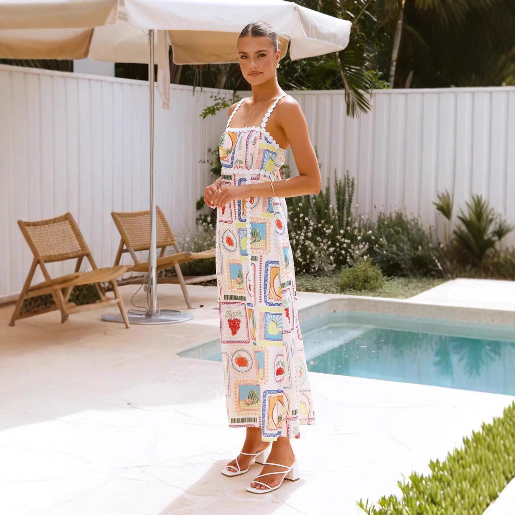Women’s Sundress – Beaded Straps – Square Neckline – Flowy Skirt – Graphic Print