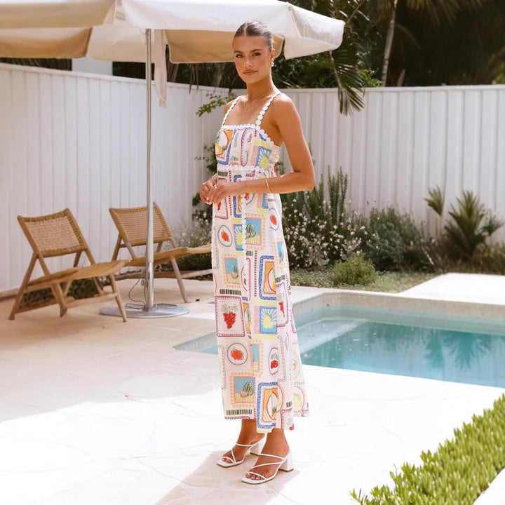 Women’s Sundress – Beaded Straps – Square Neckline – Flowy Skirt – Graphic Print