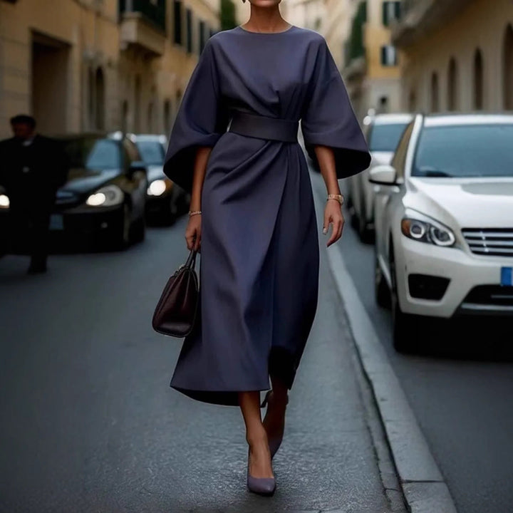 Women’s Long Dress - Draped Fit - Belted Waist - ¾ Sleeve - Elegant Eveningwear