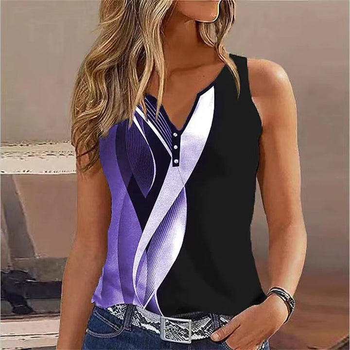 Women’s Sleeveless Top – Relaxed Fit – V-Neck – Decorative Buttons – Breathable Blend