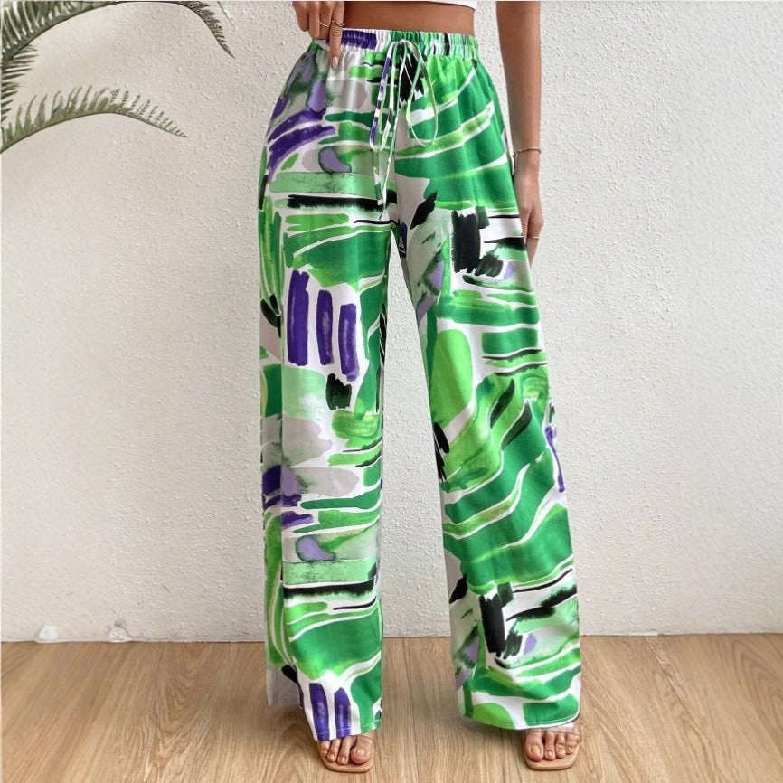 Women’s Wide-Leg Pants – Abstract Print – Drawstring Waist – Full Length – Relaxed Fit