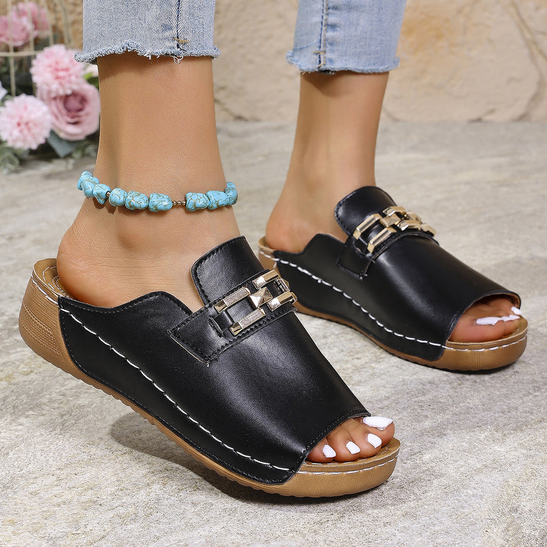 Women’s Wedge Sandals – Slip-On – Leather-Like Upper – Open Toe – Buckle Accent