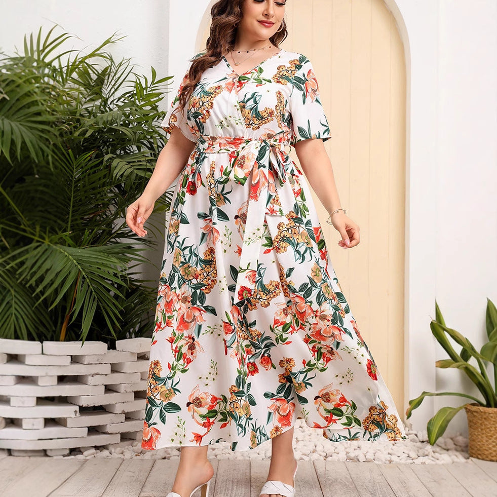 Women's Maxi Dress - V-Neck - Short Sleeve - Floral Print - Adjustable Waist Fit