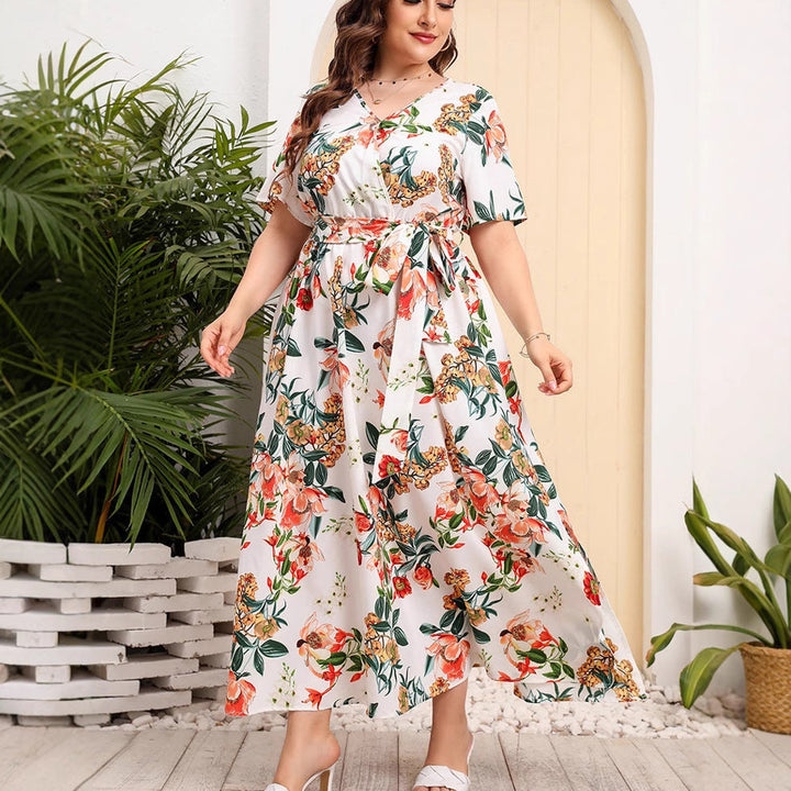 Women's Maxi Dress - V-Neck - Short Sleeve - Floral Print - Adjustable Waist Fit