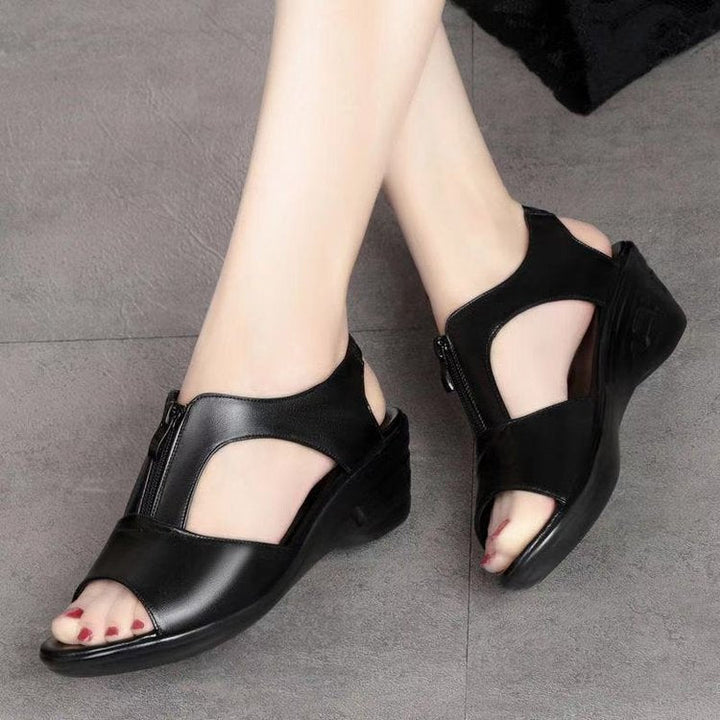 Women’s Wedge Sandals – Open Toe – Faux Leather – Zipper Closure – Breathable Cut-Outs