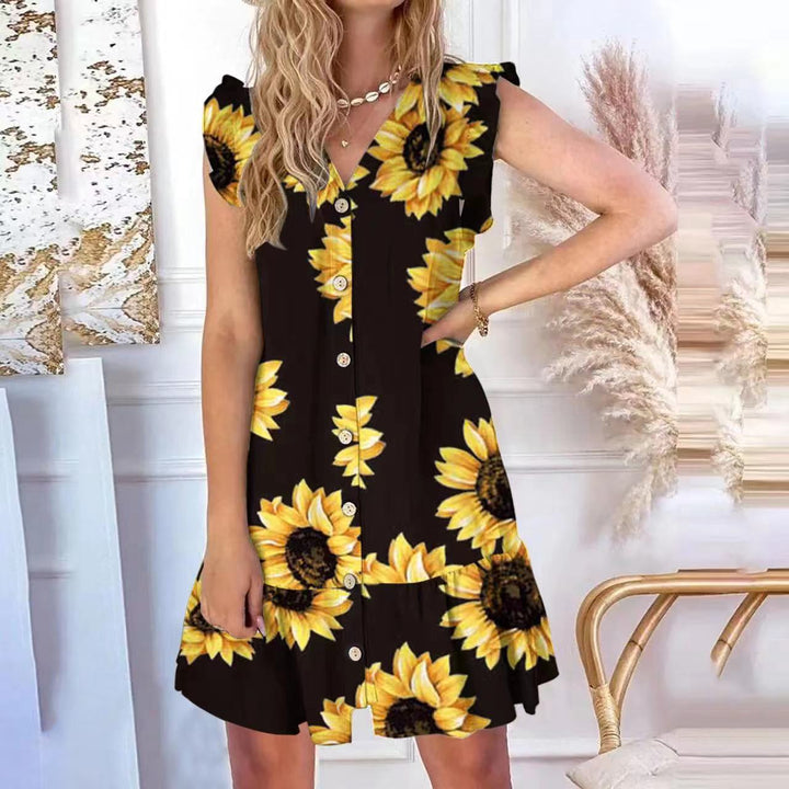 Women’s A-Line Dress – Floral Print – V-Neck – Sleeveless Ruffle – Button-Up Front