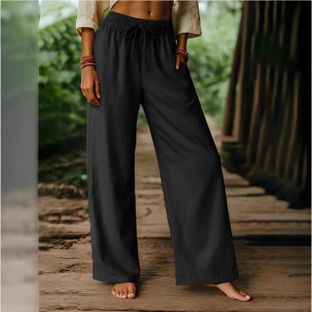 Women’s Wide Leg Pants – Cotton Linen – Relaxed Fit – Elastic Waist Drawstring