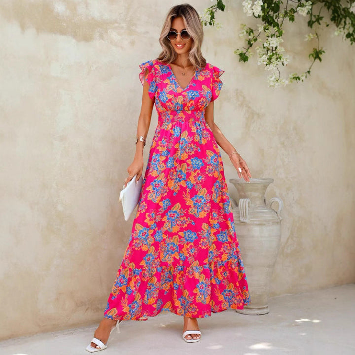 Women’s Maxi Dress – Sleeveless Ruffle Cap Sleeve – V-Neck – Elastic Waist – Floral Print