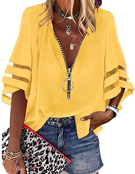 Women’s Zip-Up Blouse – Relaxed Fit – V-Neck – Elbow Sleeve – Breezy Fabric