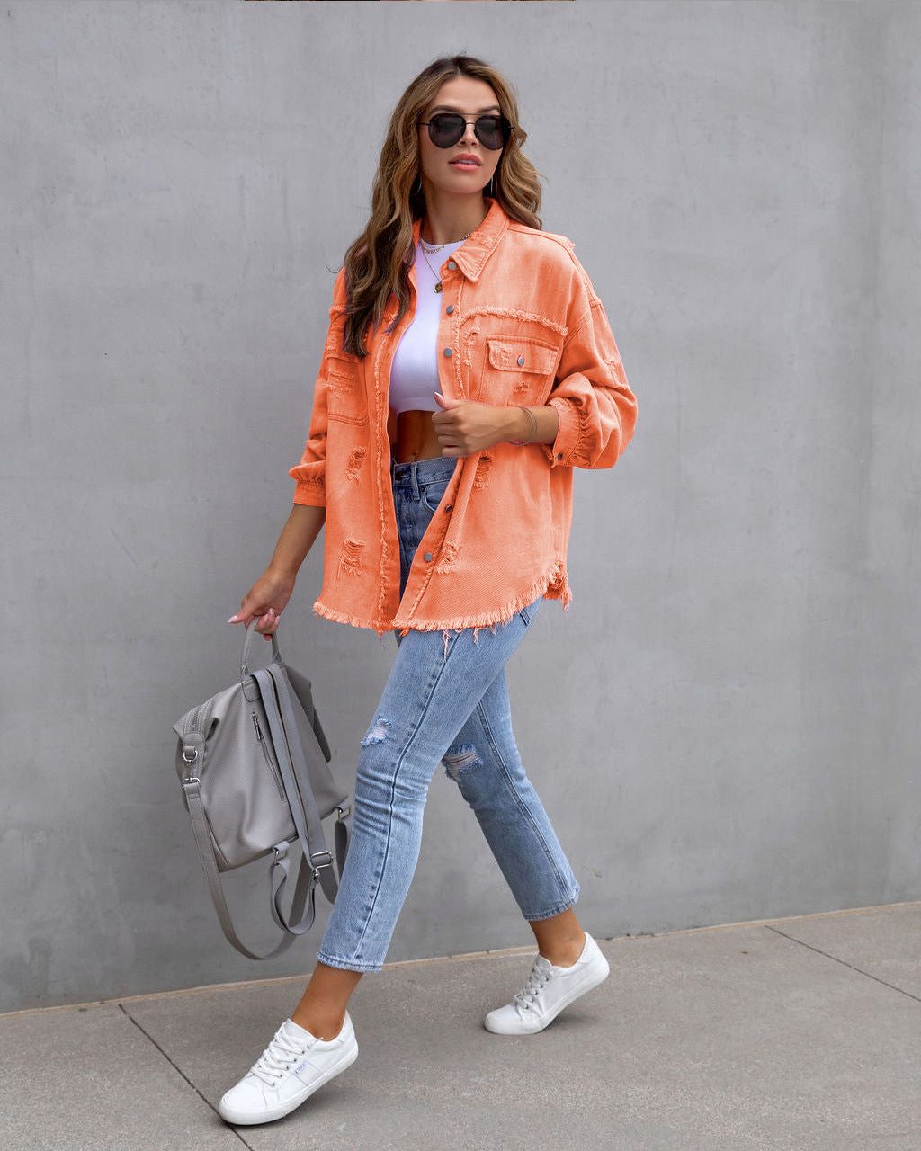 Women’s Denim Jacket – Oversized Fit – Mid Length – Distressed Frayed Casual Layer
