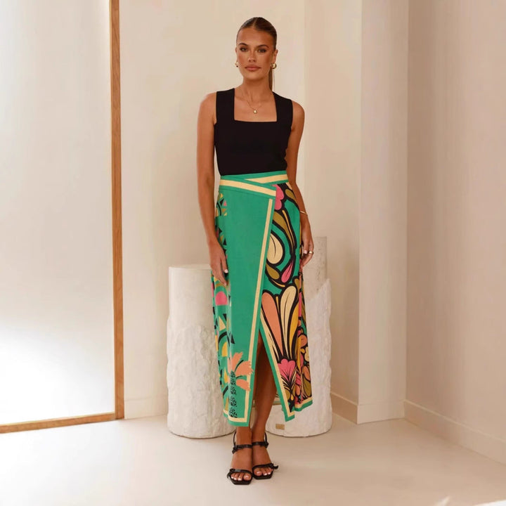 Women’s Midi Skirt - High Waist - Wrap Style - Slim Fit - Front Slit - Abstract Print